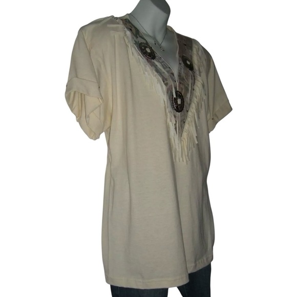 Joanie W Blouse Vintage 90's Western Fringe Studded Conche Aztec Cowgirl Boho L - Picture 3 of 10